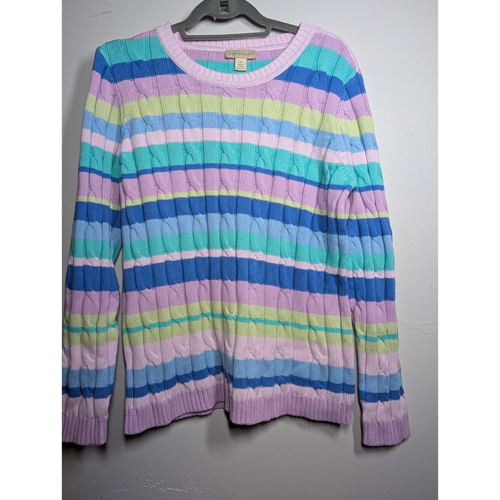 Appleseed's Cable Knit Sweater Striped Pastel Rainbow Cotton Size Petite Medium